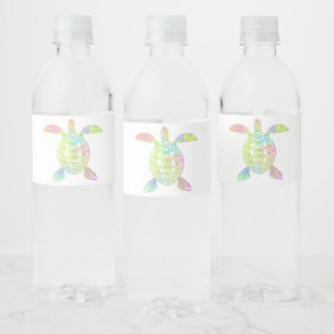 Colourful pastel rainbow sea turtle water bottle label