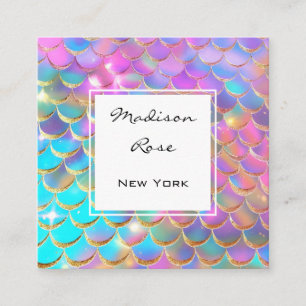 Colourful Pastel Rainbow Unicorn Gold Mermaid Scal Square Business Card