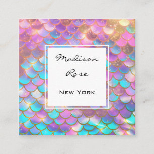 Colourful Pastel Rainbow Unicorn Gold Mermaid Scal Square Business Card
