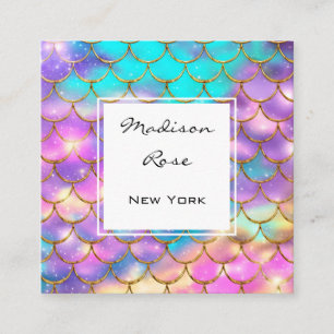 Colourful Pastel Rainbow Unicorn Gold Mermaid Scal Square Business Card