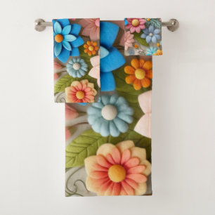 Colourful Pastel Spring 3D Felt Floral Art Bath Towel Set