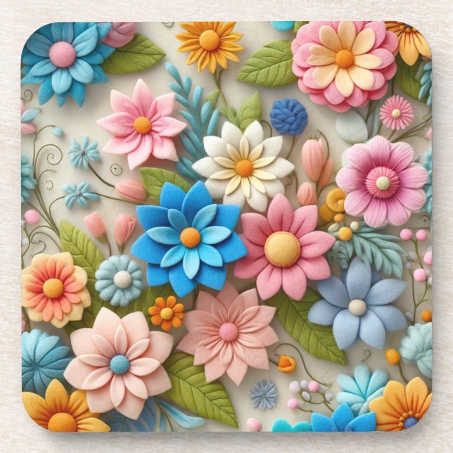 Colourful Pastel Spring 3D Felt Floral Art  Coaster (Front)