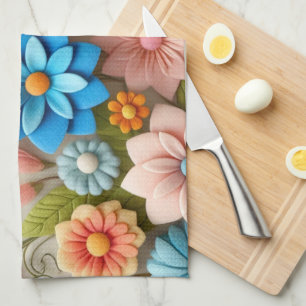 Colourful Pastel Spring 3D Felt Floral Art Tea Towel