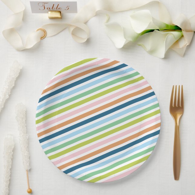Colourful Pastel Stripes Pattern Paper Plate (Wedding)