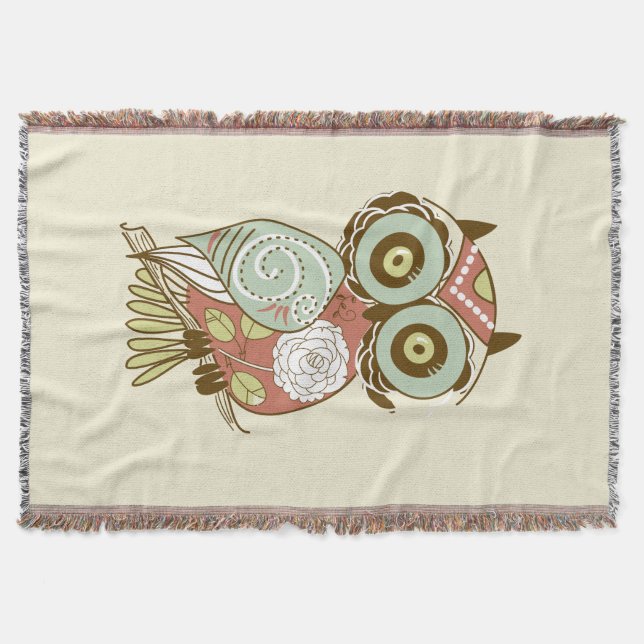 Colourful Pastel Tones Retro Floral Owl Throw Blanket (Front)