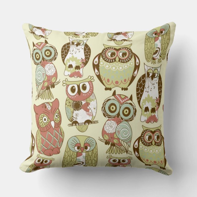 Colourful Pastel Tones Retro Floral Owls Pattern Cushion (Front)