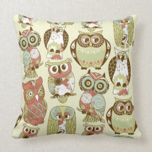 Colourful Pastel Tones Retro Floral Owls Pattern Cushion