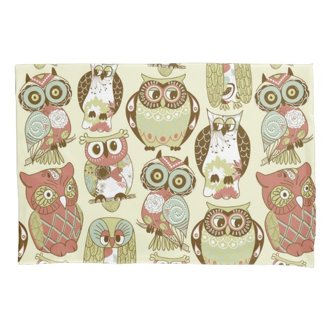 Colourful Pastel Tones Retro Floral Owls Pattern Pillowcase (Front)