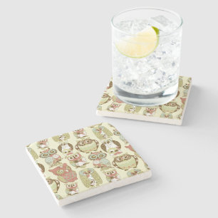 Colourful Pastel Tones Retro Floral Owls Pattern Stone Coaster