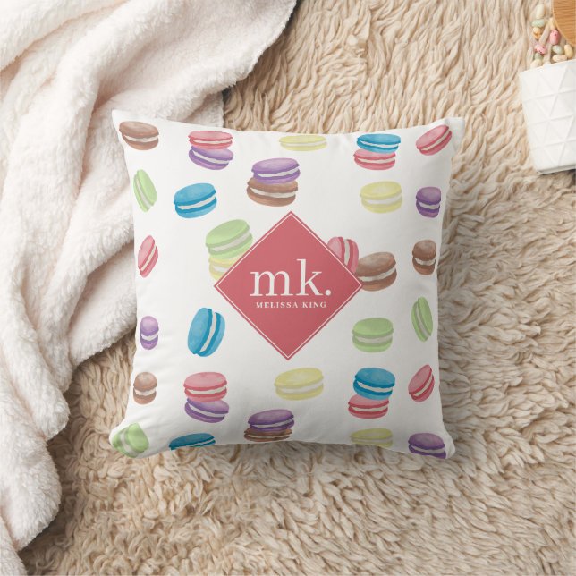 Colourful Pastel Watercolor Macarons Monogram Cushion (Blanket)