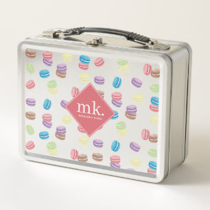Colourful Pastel Watercolor Macarons Monogram Metal Lunch Box
