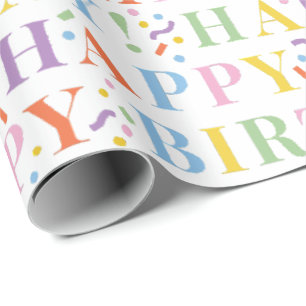 Colourful Pastels Happy Birthday and Confetti Wrapping Paper