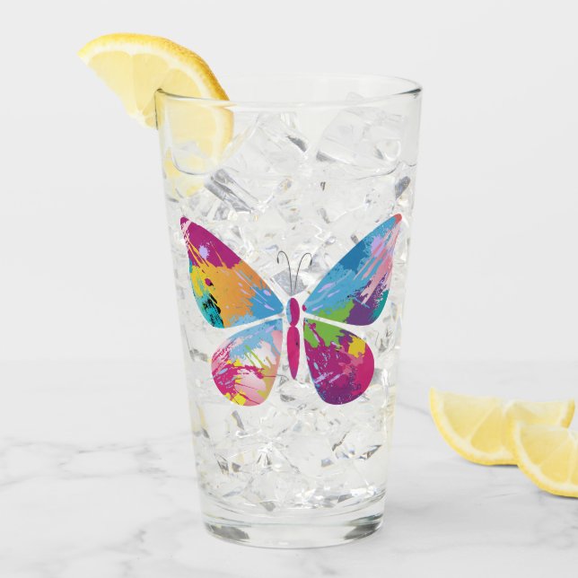Colourful Patchwork Butterflies Drinking Glass (Front Ice)