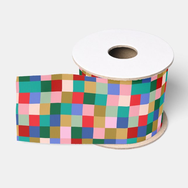 Colourful Patchwork Chequerboard Modern Holiday Grosgrain Ribbon (Spool)