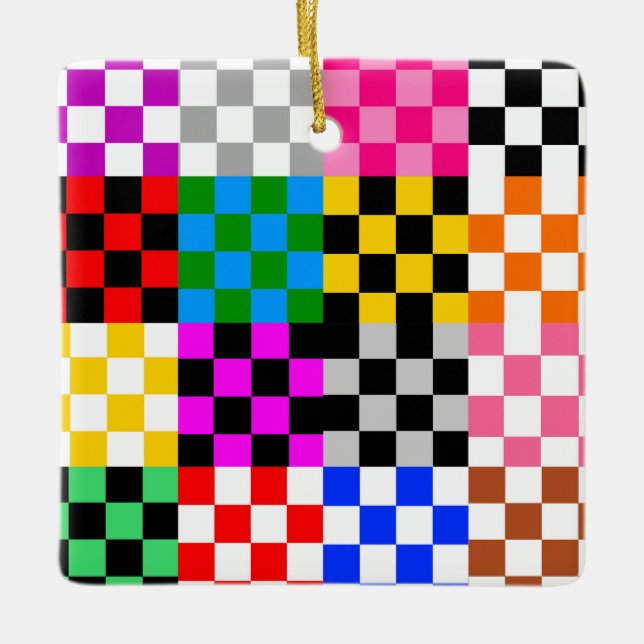 Colourful Patchwork Chequered Pattern Design  Ceramic Ornament (Front)
