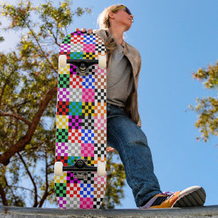 Colourful Patchwork Chequered Pattern Design Skateboard