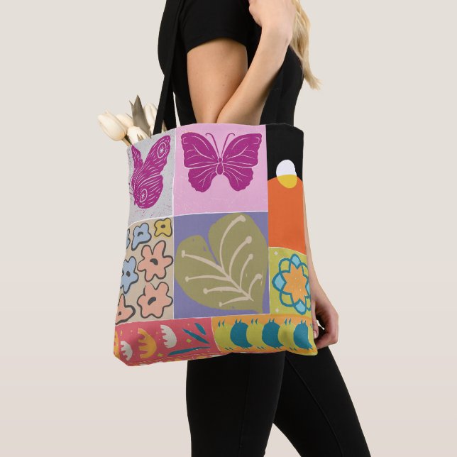 Colourful Patchwork FRAMED  vintage Tote Bag (Close Up)