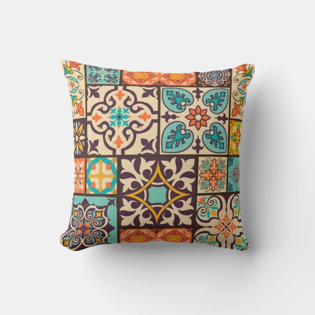 Colourful Patchwork Islam Motifs Tile Cushion (Front)