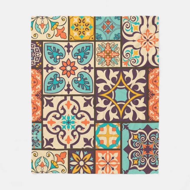 Colourful Patchwork Islam Motifs Tile Fleece Blanket (Front)