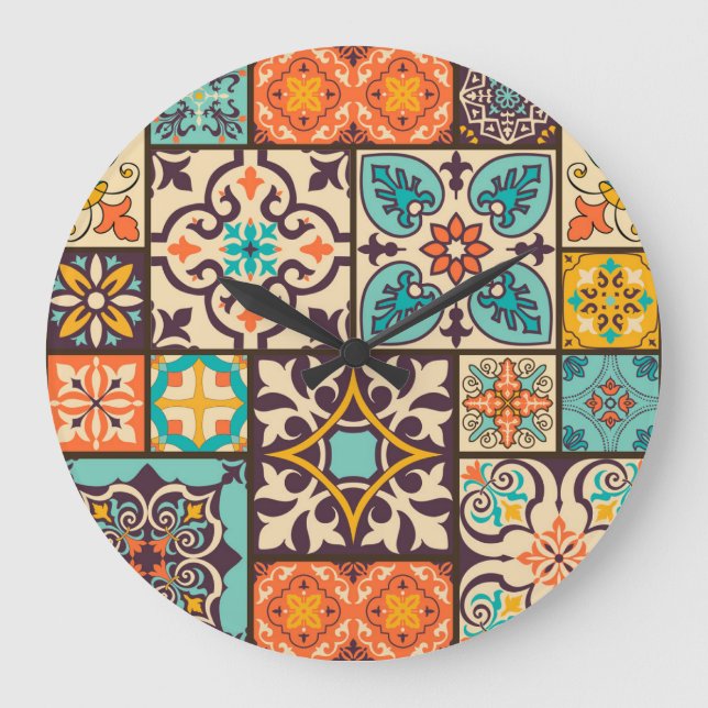 Colourful Patchwork Islam Motifs Tile Large Clock (Front)