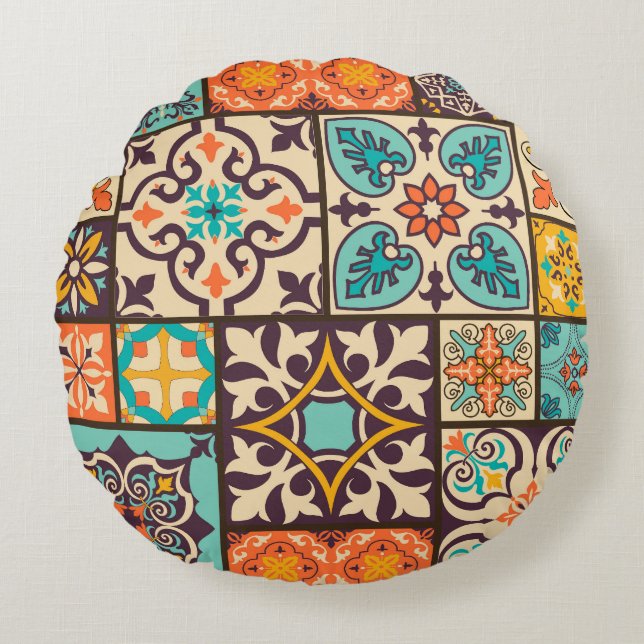 Colourful Patchwork Islam Motifs Tile Round Cushion (Front)