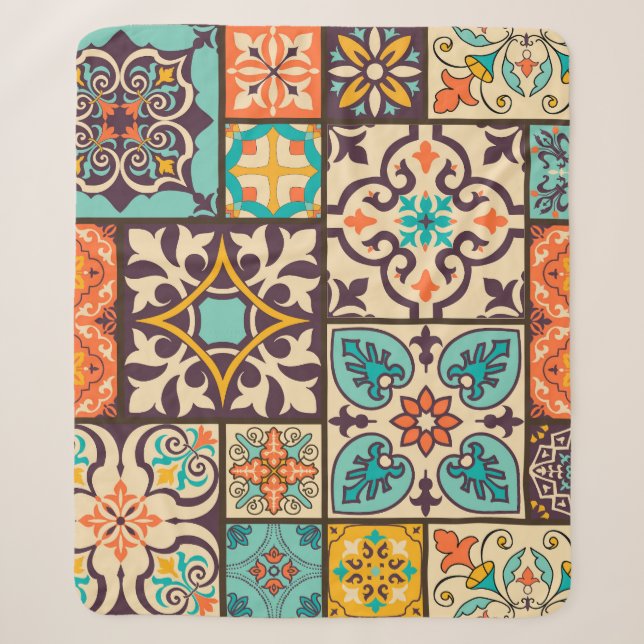 Colourful Patchwork Islam Motifs Tile Sherpa Blanket (Front)