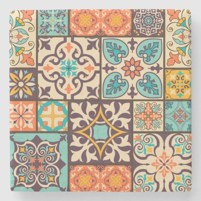 Colourful Patchwork Islam Motifs Tile Stone Coaster (Front)
