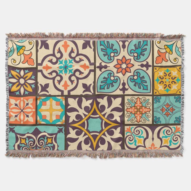 Colourful Patchwork Islam Motifs Tile Throw Blanket (Front)