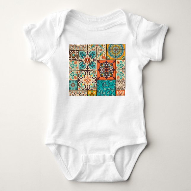 Colourful Patchwork Islamic Majolica Tile Baby Bodysuit (Front)