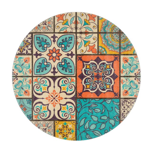 Colourful Patchwork Islamic Majolica Tile Cutting Board (Front)