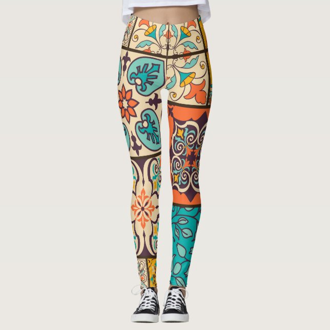 Colourful Patchwork Islamic Majolica Tile Leggings (Front)