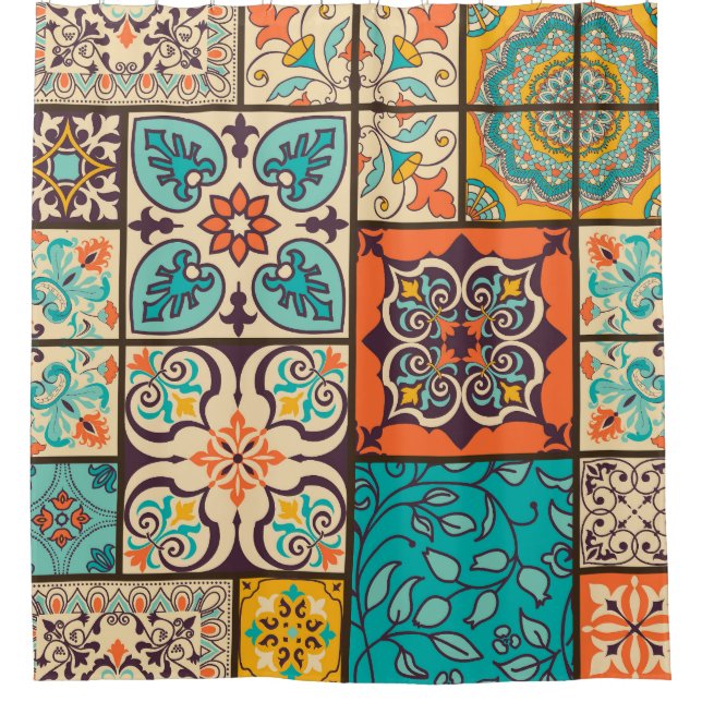Colourful Patchwork Islamic Majolica Tile Shower Curtain (Front)