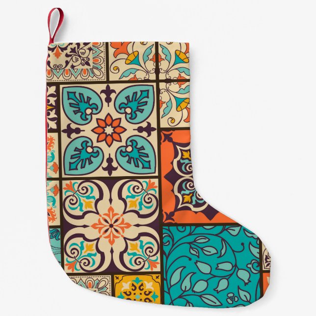 Colourful Patchwork Islamic Majolica Tile Small Christmas Stocking (Front)