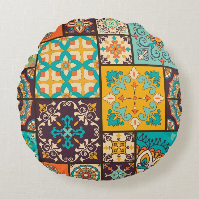 Colourful Patchwork Islamic Tile Seamless Round Cushion (Front)