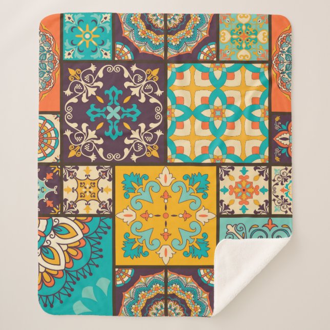 Colourful Patchwork Islamic Tile Seamless Sherpa Blanket (Front)
