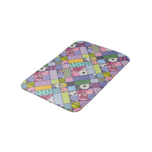Colourful Patchwork Pattern Geometric Flowers Dots Bath Mat