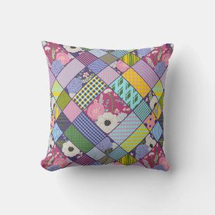 Colourful Patchwork Pattern Geometric Flowers Dots Cushion