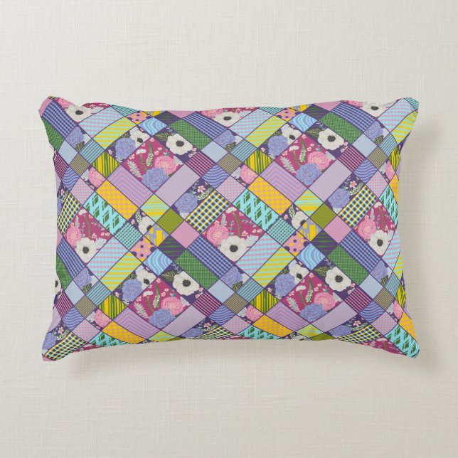 Colourful Patchwork Pattern Geometric Flowers Dots Decorative Cushion (Front)