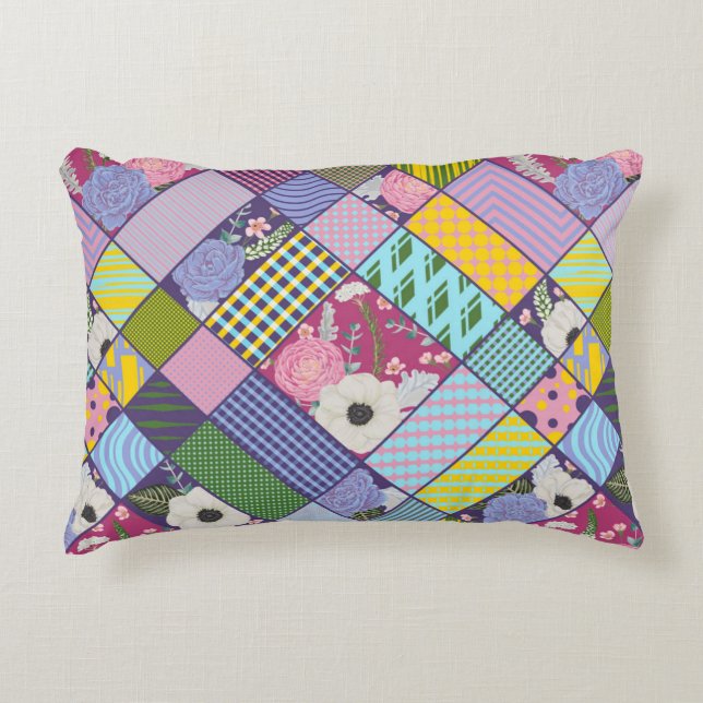 Colourful Patchwork Pattern Geometric Flowers Dots Decorative Cushion (Front)