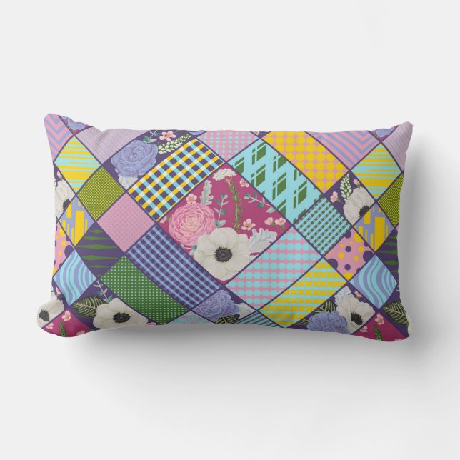 Colourful Patchwork Pattern Geometric Flowers Dots Lumbar Cushion (Front)