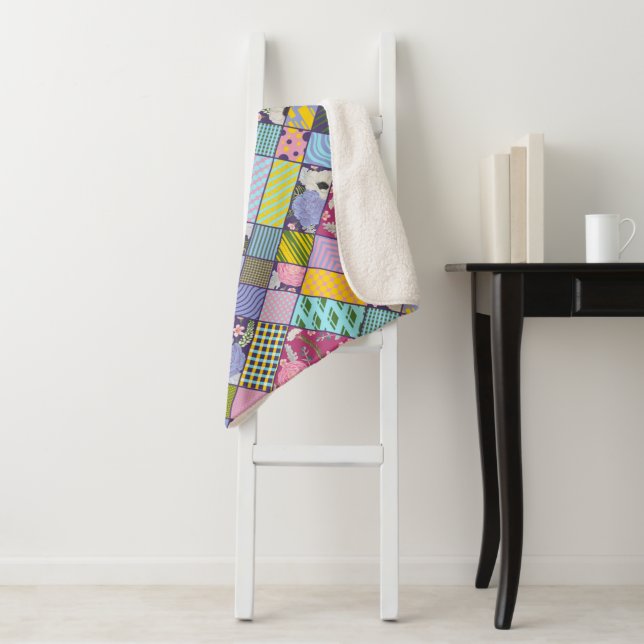 Colourful Patchwork Pattern Geometric Flowers Dots Sherpa Blanket (In Situ)