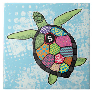 Colourful Patchwork Pattern Monogram Sea Turtle Ceramic Tile