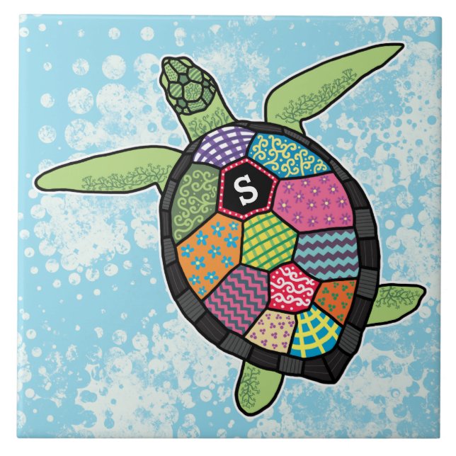 Colourful Patchwork Pattern Monogram Sea Turtle Ceramic Tile (Front)