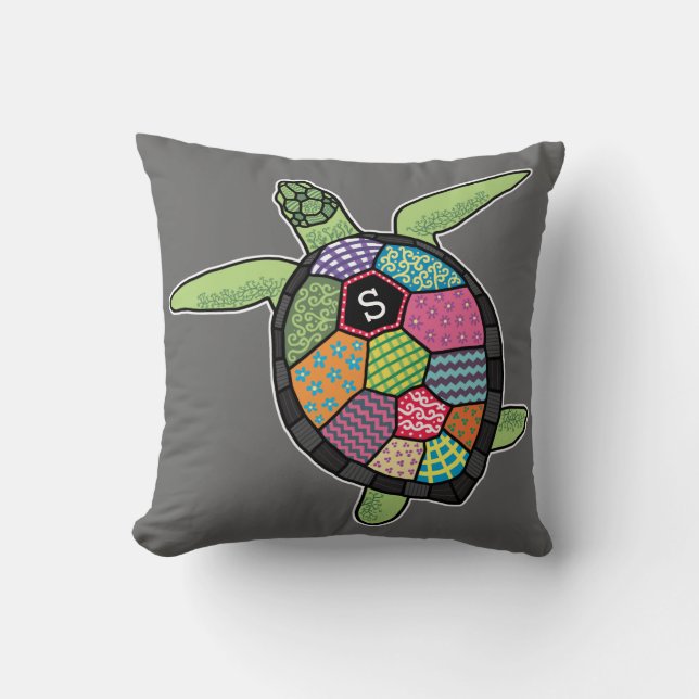 Colourful Patchwork Pattern Monogram Sea Turtle Cushion (Front)