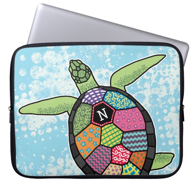 Colourful Patchwork Pattern Monogram Sea Turtle Laptop Sleeve (Front)