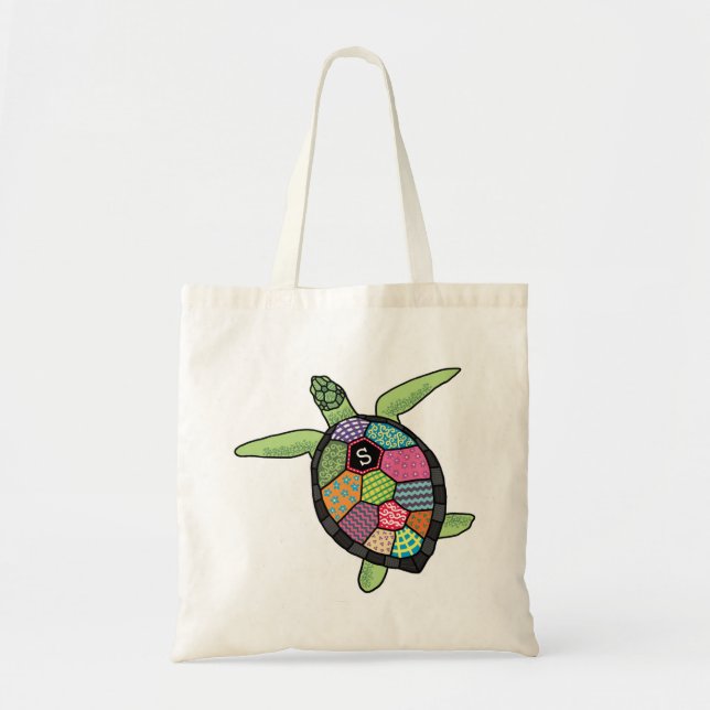 Colourful Patchwork Pattern Monogram Sea Turtle Tote Bag (Front)