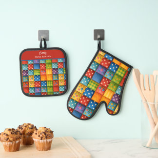 Colourful Patchwork Pattern Oven Mitt & Pot Holder Set