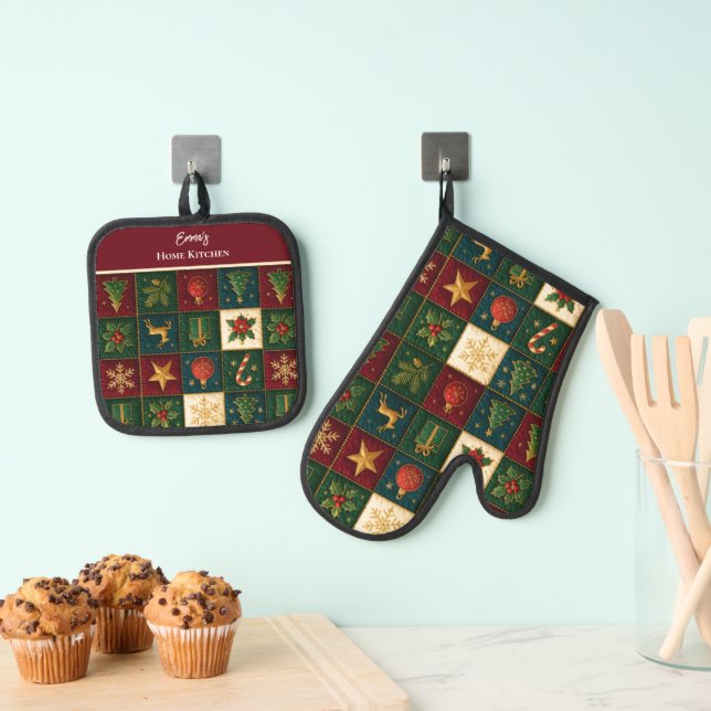 Colourful Patchwork Pattern Oven Mitt & Pot Holder Set (Insitu(Hanging))