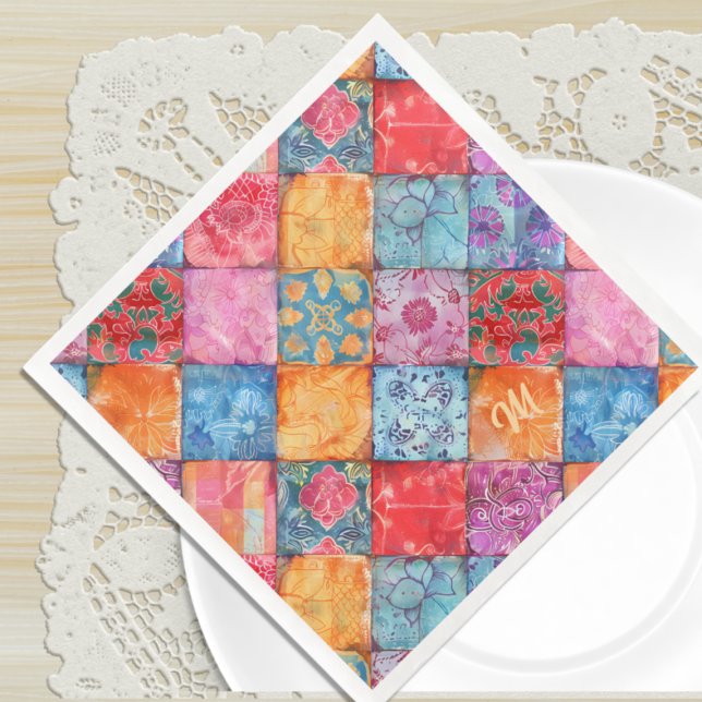 Colourful Patchwork Print Monogram Napkin (Creator Uploaded)