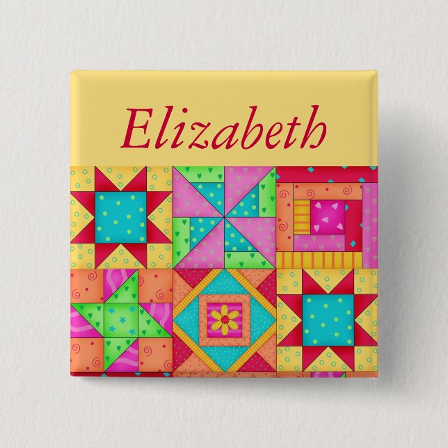 Colourful Patchwork Quilt Block Art Name Badge (Front)